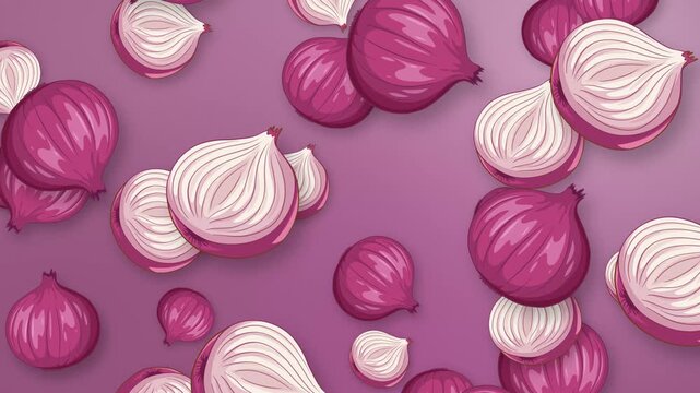 Animated Falling Red Onions and Halved Onion Slices on Purple Background