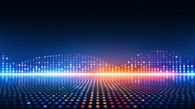 Digital glowing led dot grid wave light cityscape skyline with abstract music equalizer horizon