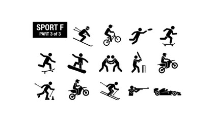Fototapeta premium Sports Starting With Letter F Icon Set Stick Figure Pictograms Skiing Motocross Racing