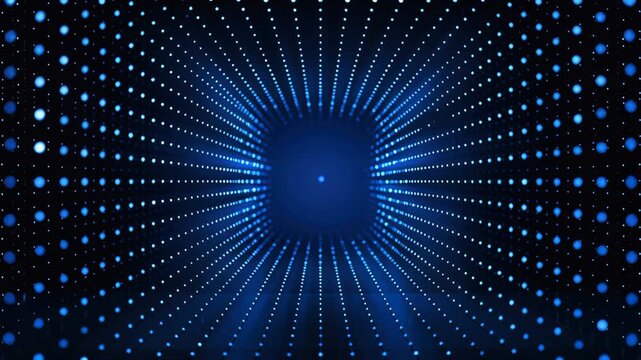 Digital blue tunnel of glowing dots forming futuristic perspective grid and radial light abstract