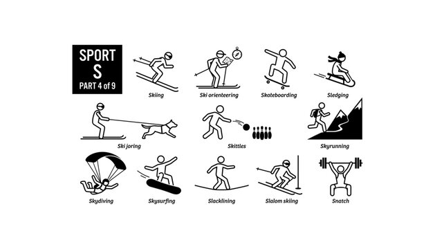 Sports Starting With Letter S Icon Set Stick Figure Pictograms Skiing Skateboarding Skydive