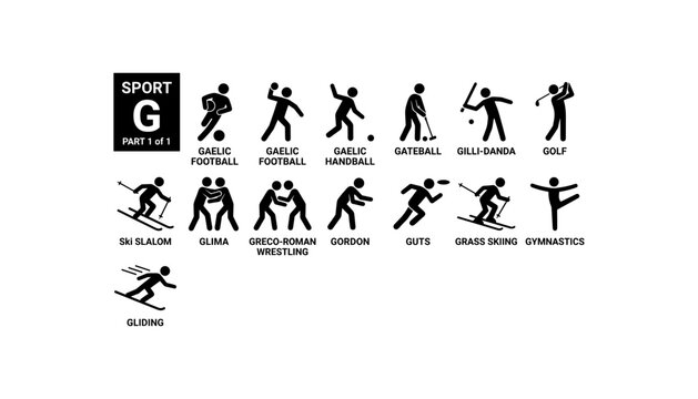Sports Starting With Letter G Icon Set Stick Figure Pictograms Golf Gymnastics Wrestling