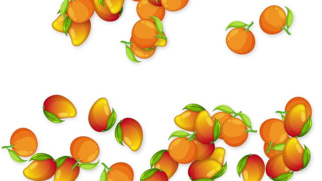 Falling Tropical Mango and Peach Fruit Animation on White Background