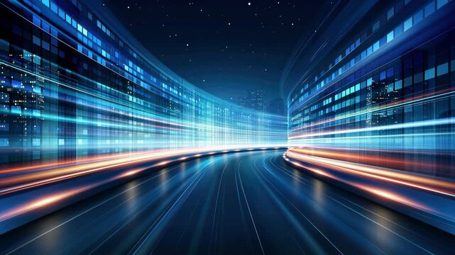 Digital futuristic city street night motion blur glowing skyline and light trails conveying speed