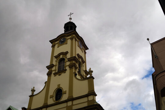 Cieszyn, Poland. Church of the Holy Cross, a Baroque church dating back to the early 18th century, located in the city center, at Księdza Leopold Szersznika Street.