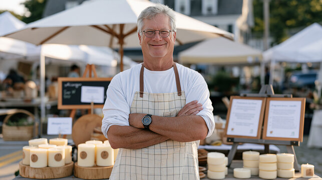 An elderly chandler standing under overcast dramatic skies at an outdoor market stall displaying allergen labeled soy and beeswax candles alongside informational cards about