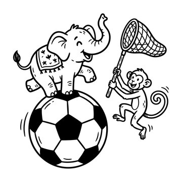Elephant balancing on soccer ball with monkey.