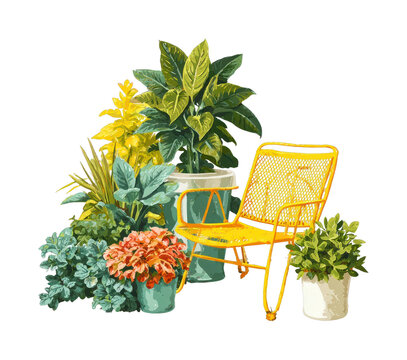 Yellow chair and potted plants PNG on a transparent background.