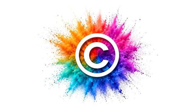 White copyright symbol centered on colorful powder explosion for intellectual property