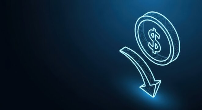 Glowing neon dollar coin icon with downward arrow symbolizing financial loss and economic decline