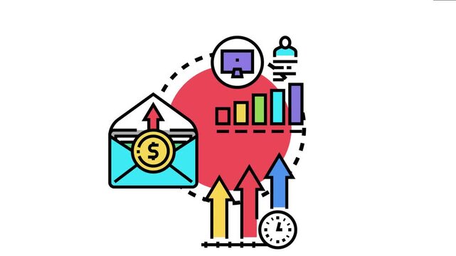 Vector depicting the analysis of labor force, employment growth, and financial income, featuring bar charts, a computer monitor, user icon, and rising arrows with a clock