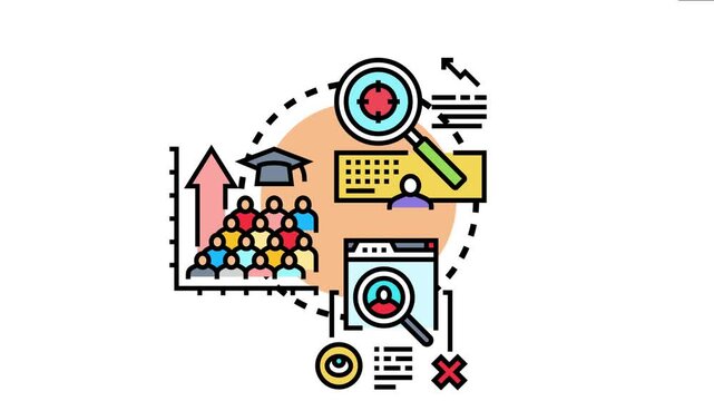 Business strategy concept with icons the process of analyzing efficacy, researching data, evaluating outcomes, increasing impact, and improving performance through education and review