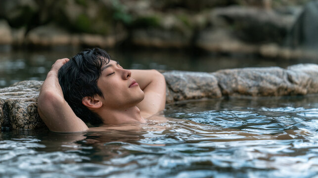 Peaceful young Asian man relaxing inside hot spring outdoor water pool leaning on natural stone with eyes closed in pure tranquility