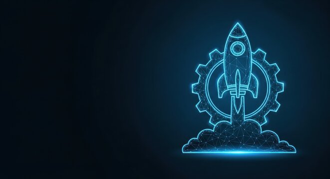 Futuristic Rocket Launching Above a Digital Gear Technology Concept