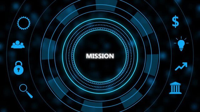 Mission statement digital interface with business and hud technology for corporate strategy and growth presentations