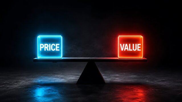 Glowing blue price and red value neon cubes balancing on seesaw scale