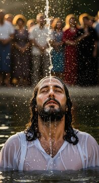 Divine river ceremony: Baptism event, Jesus Christ, cleanse soul, splash drop, bless believer, holy ritual, pour stream, purify skin, worship God, soak hair, forgive sin.