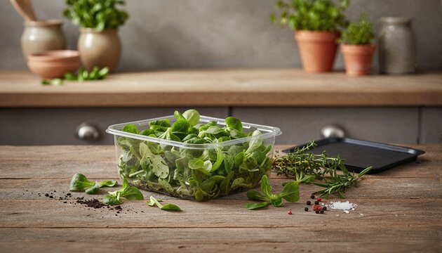 Fresh m&acirc;che in punnet on rustic wood
