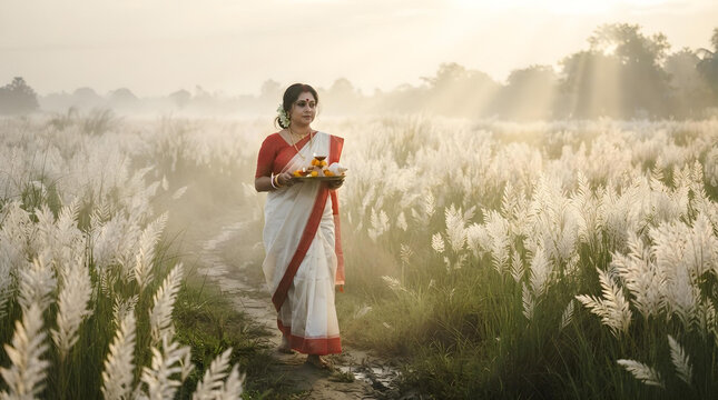 Serene early morning Pujo morning scene, misty atmosphere with soft golden sunbeams filtering through blooming white Kash phool