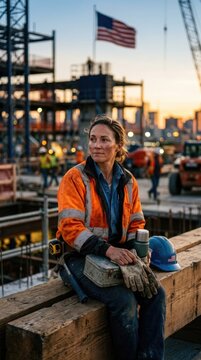 Proud female builder: Labor Day, September 7, Usa worker, safety helmet, lunch box, orange jacket, sunset skyline, construction site, American patriot, steel girder, work glove.