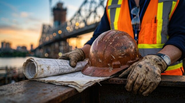 Industrial builder tribute: Labor Day, USA honor, September 7, construction blueprint, safety helmet, steel bridge, sunset background, protective glove, wear vest, erect structure.