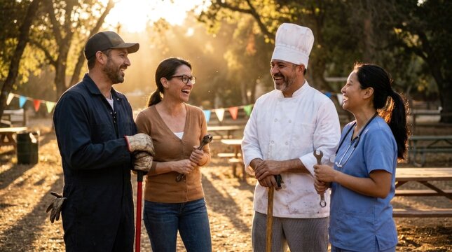 Diverse worker assembly: celebrate Labor, American Day, USA holiday, September month, number 7, honor profession, happy nurse, proud chef, skillful mechanic, cheerful employee, golden sunset.