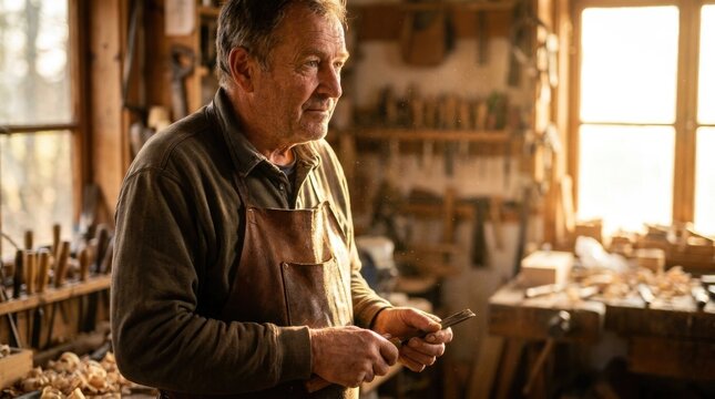 Senior craftsman trade: Labor Day, usa tribute, September 7, manual worker, carpenter apron, wooden workshop, hand chisel, golden light, timber dust, old age.