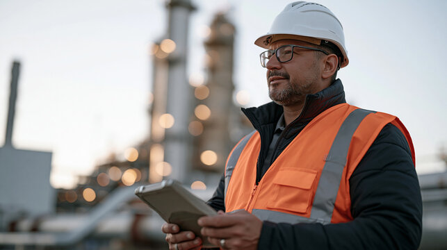 Pipeline inspection engineer in high visibility vest reviews corrosion readouts on a handheld device, overcast dramatic industrial skyline behind, chemical plant towers looming