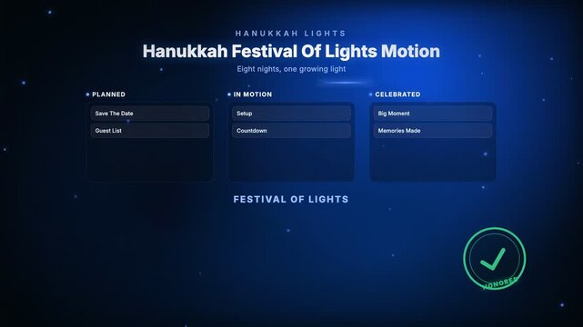 Hanukkah Festival Of Lights Motion, eight nights, one growing light, featuring a three column progress board and a circle particle motion graphic background for holidays & festivities