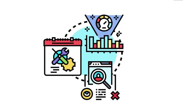 Illustration depicting the process of analyzing performance metrics and data, driving strategic optimization, and scheduling continuous improvement for business development and efficiency