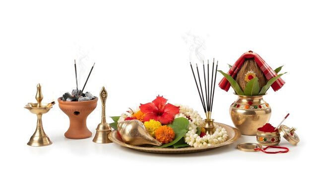 Complete Durga Puja ritual collection including diya, dhunuchi, bell, conch shell, flowers, incense, kalash and sindoor, isolated on pure white background,