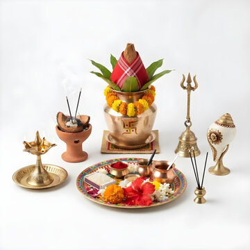 Complete Durga Puja ritual collection including diya, dhunuchi, bell, conch shell, flowers, incense, kalash and sindoor, isolated on pure white background,