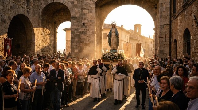 Assumption Mary celebration: religious procession, holy statue, devout believer, ancient street, golden light, solemn ritual, stone archway, parish priest, candle bearer.
