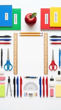 School back restart: educational supply, colorful notebook, wooden ruler, graphite pencil, metallic scissor, sharp compass, plastic protractor, red apple, empty space.