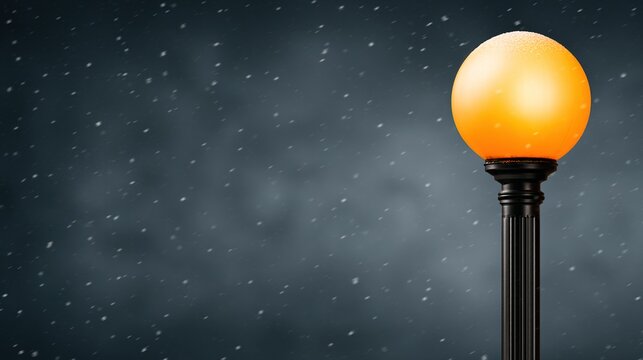 A glowing orange street lamp illuminates a snowy night, with snowflakes gently falling against a dark blue sky.