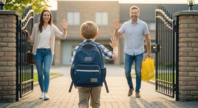 A cheerful young child in a blue backpack waves goodbye to smiling parents standing by a decorative metal gate in a bright, sunny suburban neighborhood