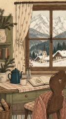 Fototapeta premium Cozy vintage alpine cabin interior, hand-drawn mobile wallpaper