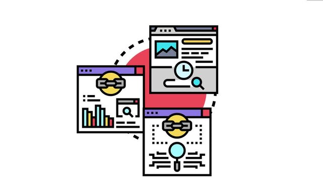 Website visitor analysis concept data processing, user behavior tracking, and digital marketing strategies through connected browser windows with analytical tools and metrics