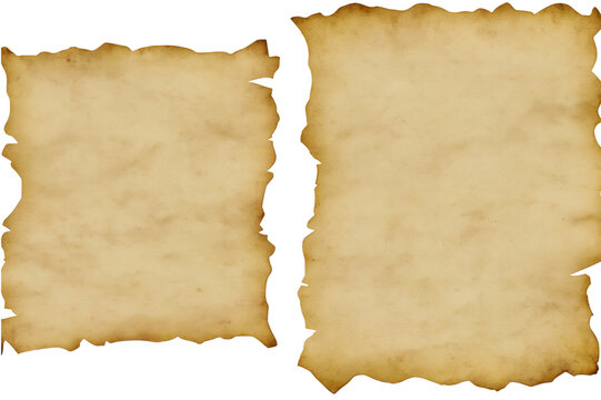 Two rustic sheets of weathered antique parchment paper with jagged torn edges showing vintage textures isolated on transparent background