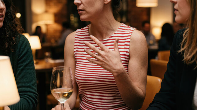 Casual conversation restaurant woman striped shirt hand gesture wine glass evening friendship social indoor female adult lifestyle dining talk communication relaxed warm light brunette sleeve