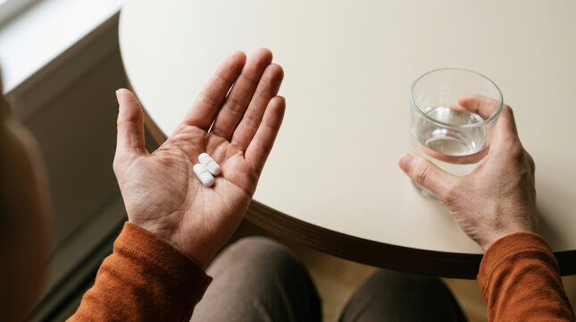 Hand holding white pill adult medication health illness treatment glass of water table home closeup Careful adult hand holding white pill and medication for health and illness treatment with glass