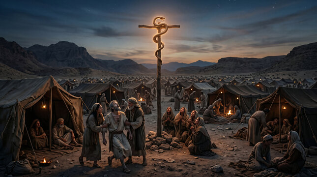 The Bronze Serpent on a wooden pole. Israelites looking up at the glowing bronze figure to be healed from venomous snake bites