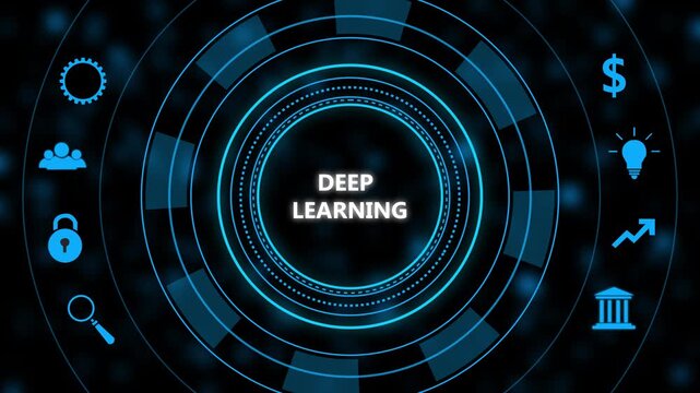 Deep learning technology concept with digital hud interface and futuristic artificial intelligence and machine learning data analysis background