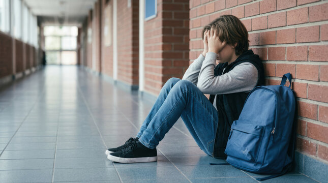 Sad teenage boy student sitting alone school hallway, adolescent stress, loneliness and bullying concept, backpack beside, emotional mental health struggle, brick wall corridor perspective