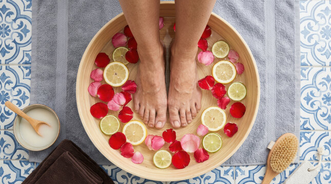 Foot spa foot bath spa treatment flower petal lime slice wellness relaxation self care female barefoot foot spa foot bath spa treatment flower petal lime slice wellness relaxation self care female
