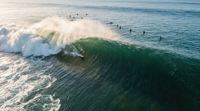 Surfing ocean wave surfer water sport sea adventure summer outdoors powerful ocean wave with surfer riding crest as spray catches sunlight while other surfer wait lineup, dynamic seascape energy