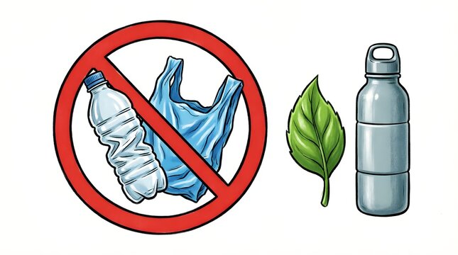 Vector Stop Plastic Pollution Sign with Bottle and Bag Plus Green Leaf and Reusable Bottle