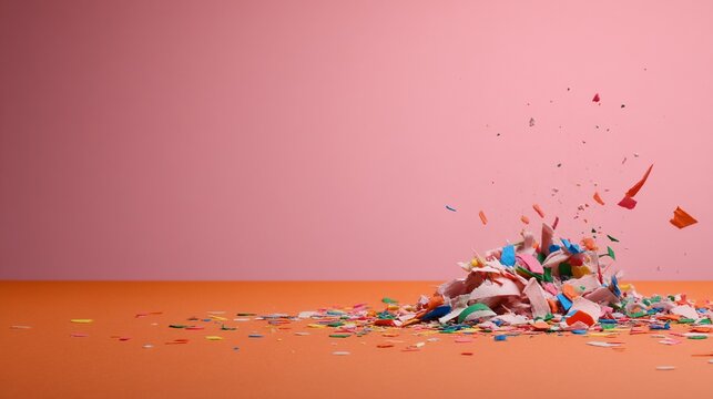 A colorful pile of shattered crayons scattered on an orange surface against a pink background.