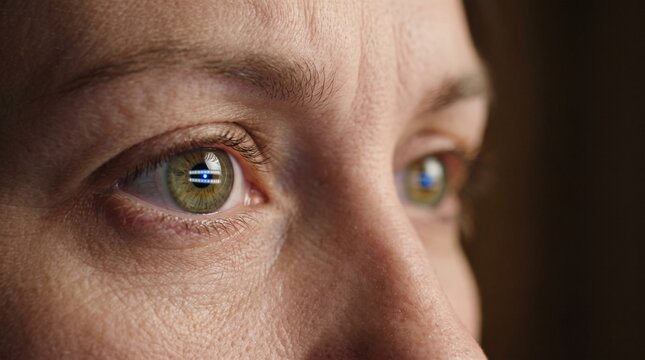 Extreme macro of green eye reflecting EMDR light bar during therapy session