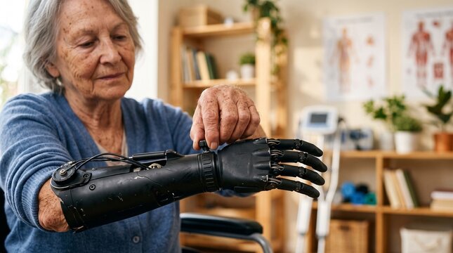 Senior woman adjusting modern bionic prosthetic arm in rehabilitation clinic